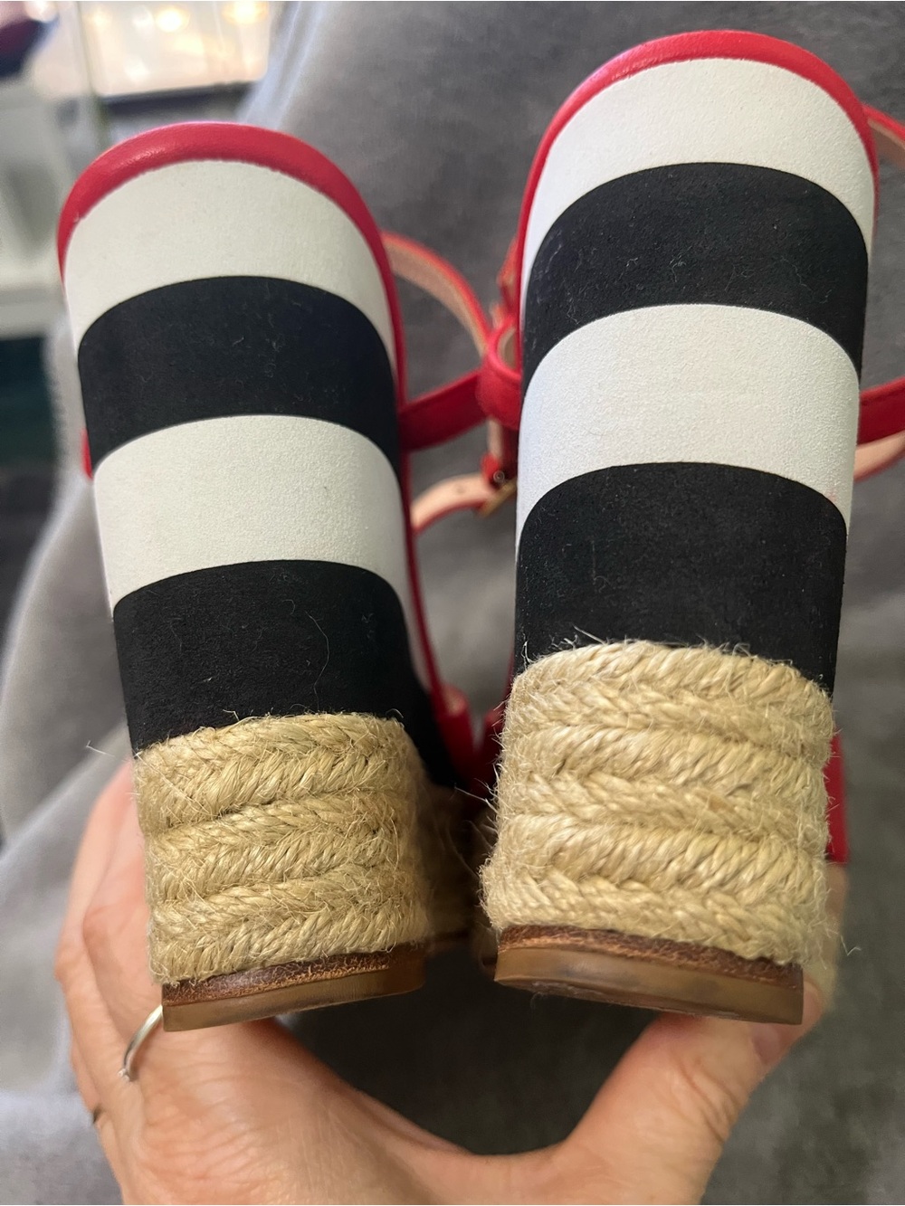 Kate Spade  Red Leather Wedge Sandals with Striped Platform 7.5M - Picture 9 of 14